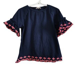 Crewcuts Crew Neck Flutter Sleeve Embroidered Top Navy Size 6-7